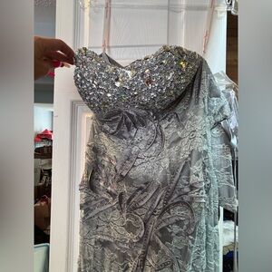 Prom girl silver and rhinestone mermaid dress with lace up back size medium